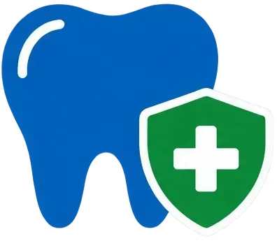 Blue tooth with green shield and white cross, representing dental protection or insurance coverage