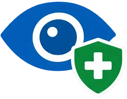 Blue eye icon with a green shield and white medical cross overlay