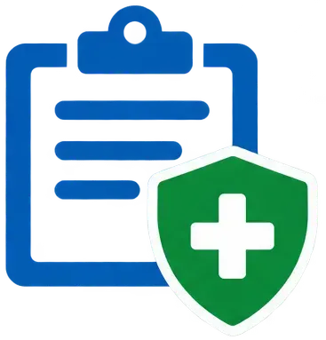 Blue clipboard with green shield and white medical cross icon