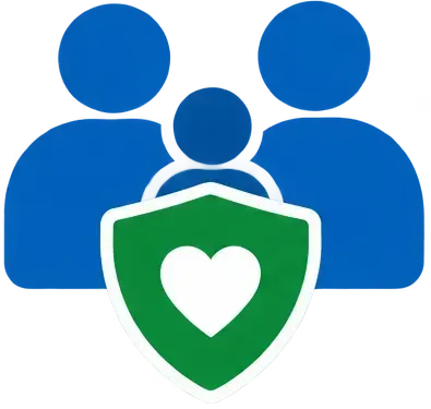 Blue group icon with green shield and white heart, symbolizing community health and protection