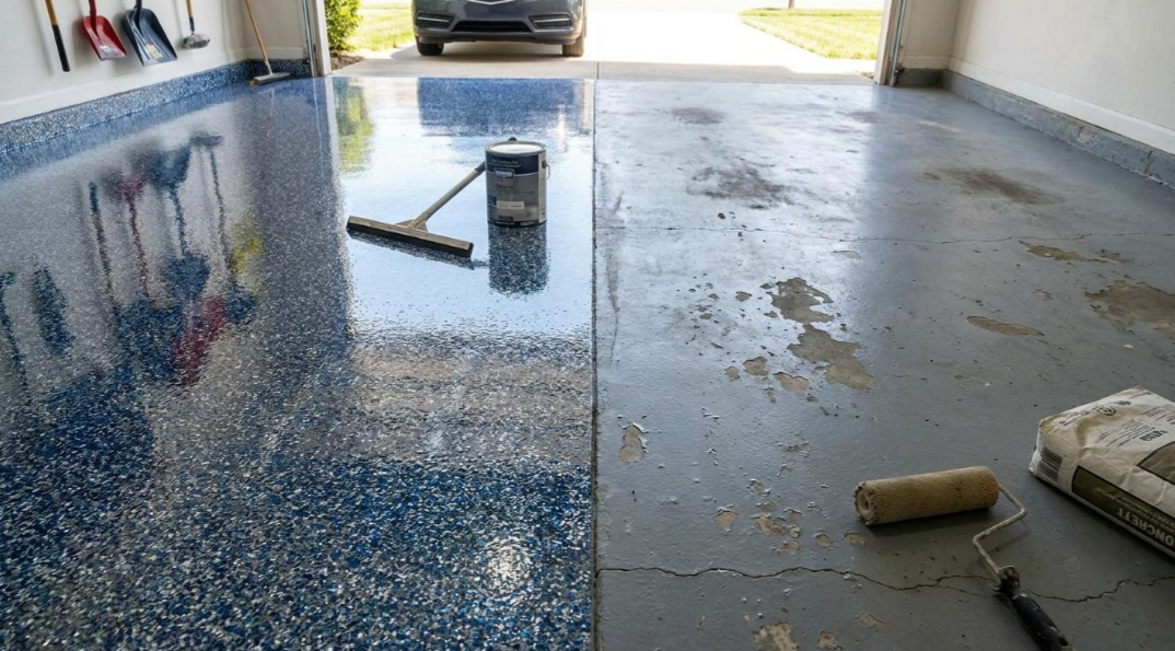 Garage floor being coated with blue epoxy; roller and paint tray in the foreground.