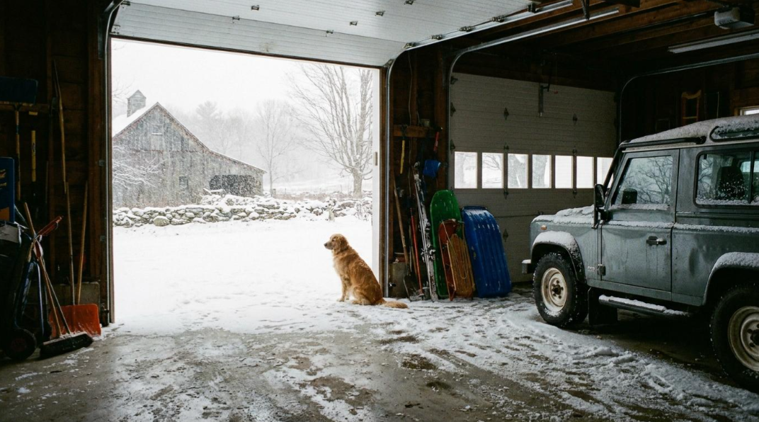 Dog sitting in a snowy garage doorway beside a parked SUV, looking out at the winter yard.