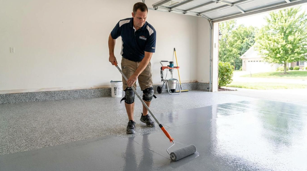 Person using a paint roller to coat a garage floor with gray epoxy.