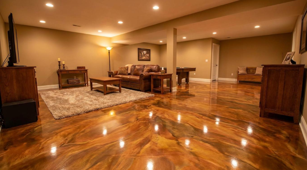 Spacious empty living room with polished hardwood floors, warm lighting, sofas, and wooden furniture.