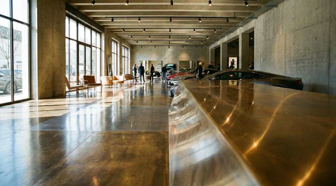 Long indoor hall with polished floor, benches, and sunlight streaming through tall windows