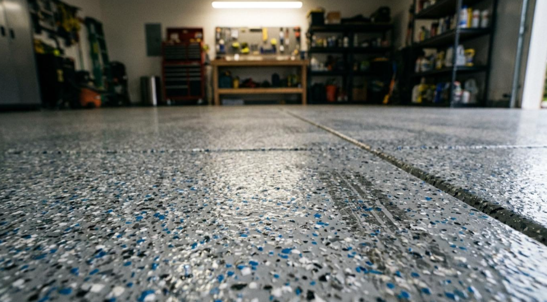 Low-angle view of a speckled garage floor leading to shelves and tools in the background