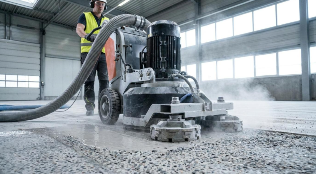 Worker operating a floor grinding machine in a dusty industrial warehouse