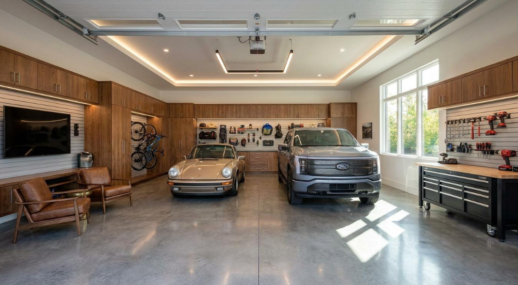 Spacious garage with a classic car and pickup truck, tools on the walls, and sunlight through large windows