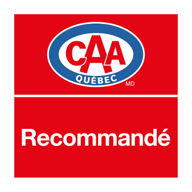 Logo de CAA Québec : Logo ovale rouge et bleu au-dessus d'un bloc rouge avec le texte « Recommandé ».
