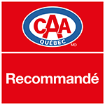 Logo de CAA-Québec avec un ovale rouge et bleu, texte « Recommandé » sur fond rouge.