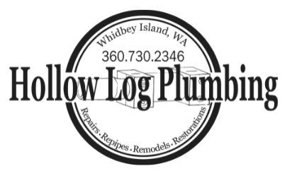 Logo for Hollow Log Plumbing on Whidbey Island, WA. Features a circular design with name, phone, and services.