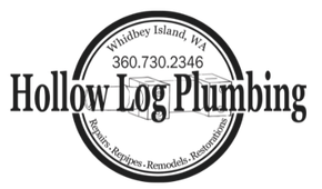 Logo for Hollow Log Plumbing on Whidbey Island, WA. Features a circular design with name, phone, and services.