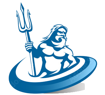 Poseidon, muscular blue figure with trident, emerging from blue ring, white background.