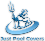 Blue logo of a muscular figure holding a trident, emerging from water, with