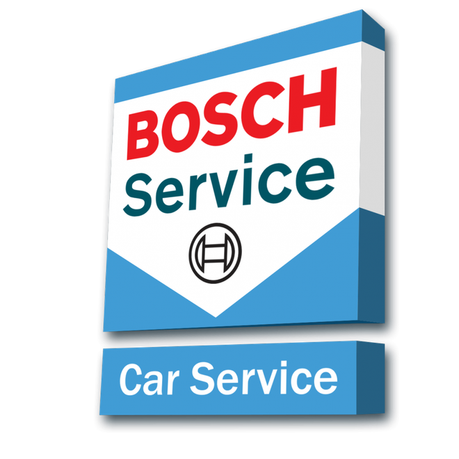 Logo Bosch Service con testo rosso e verde acqua su un cartello blu e bianco con la scritta Car Service