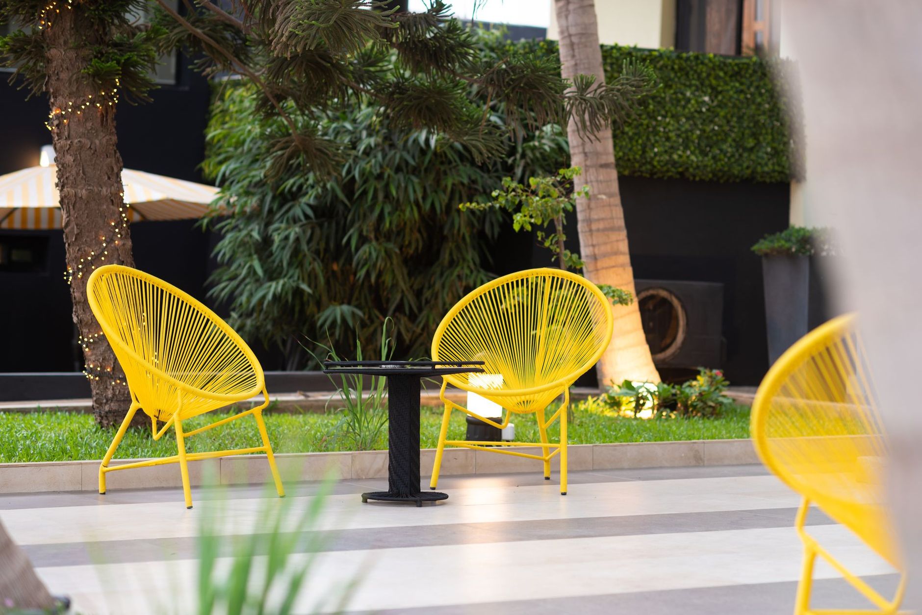 Chaises en fil de fer jaune et petite table sur une terrasse extérieure. Arbres et haie verte en arrière-plan.