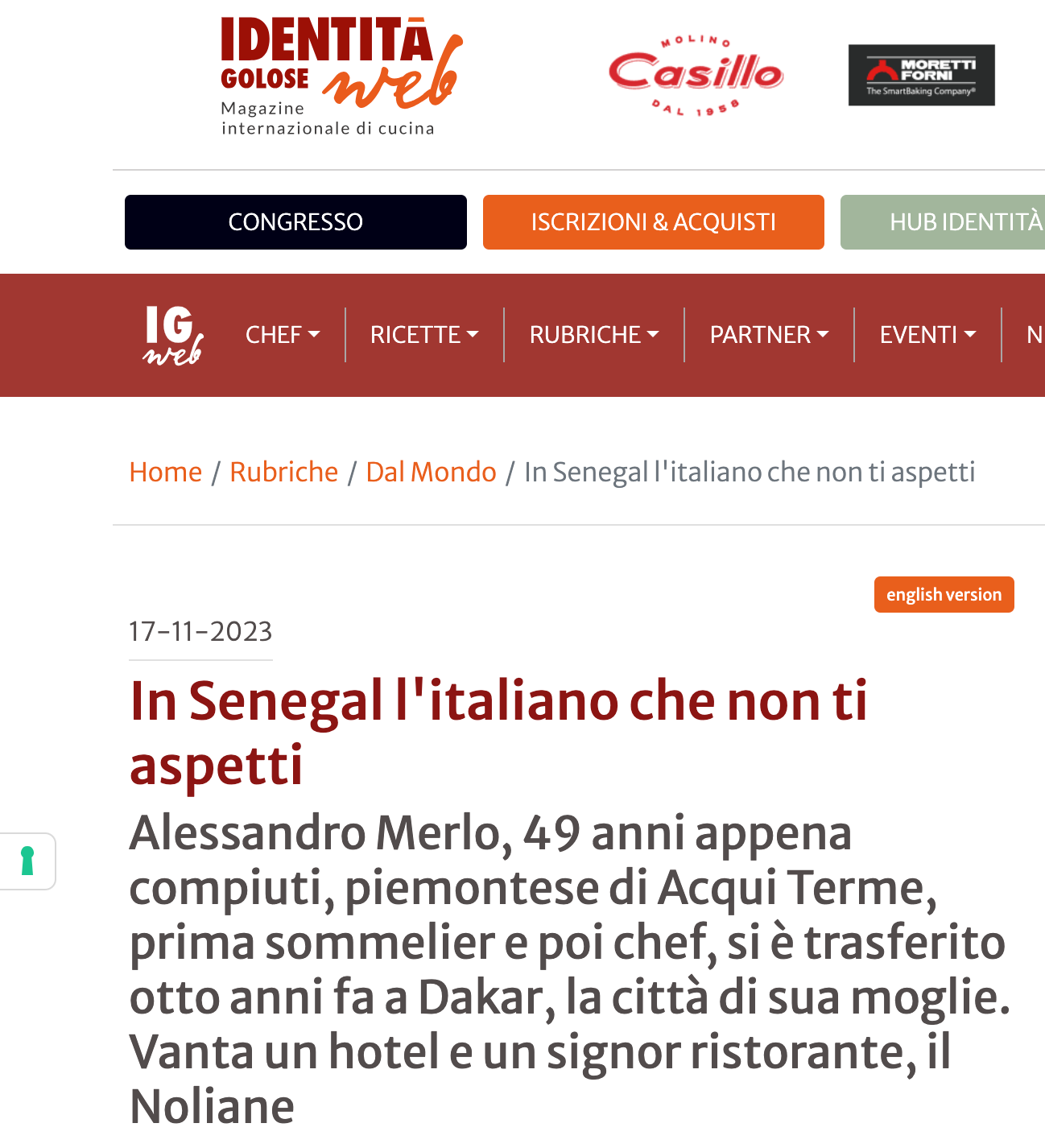 Capture d'écran d'un article web : « Au Sénégal, l'Italien auquel vous ne vous attendez pas », à propos d'Alessandro Merlo.