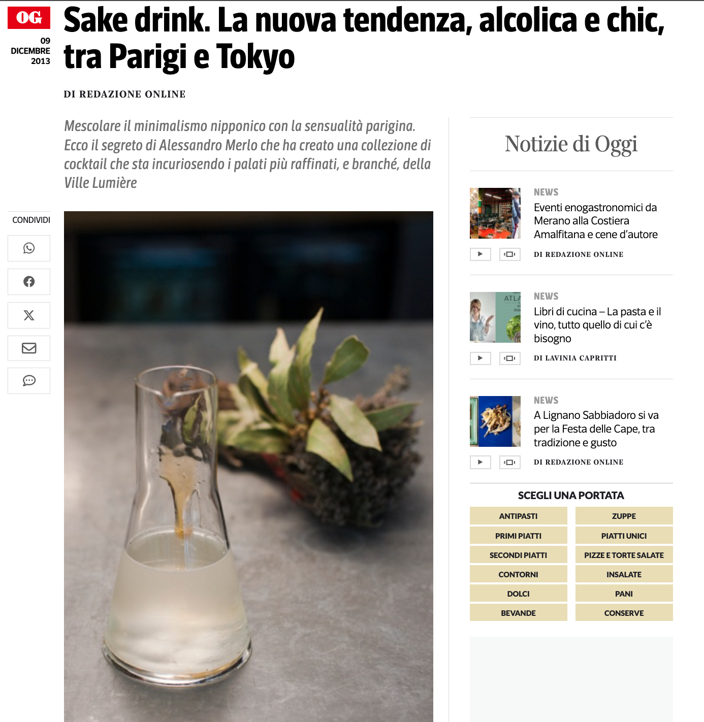 Un verre de saké agrémenté d'un brin de verdure, accompagné d'un texte expliquant qu'il s'agit d'une nouvelle tendance.