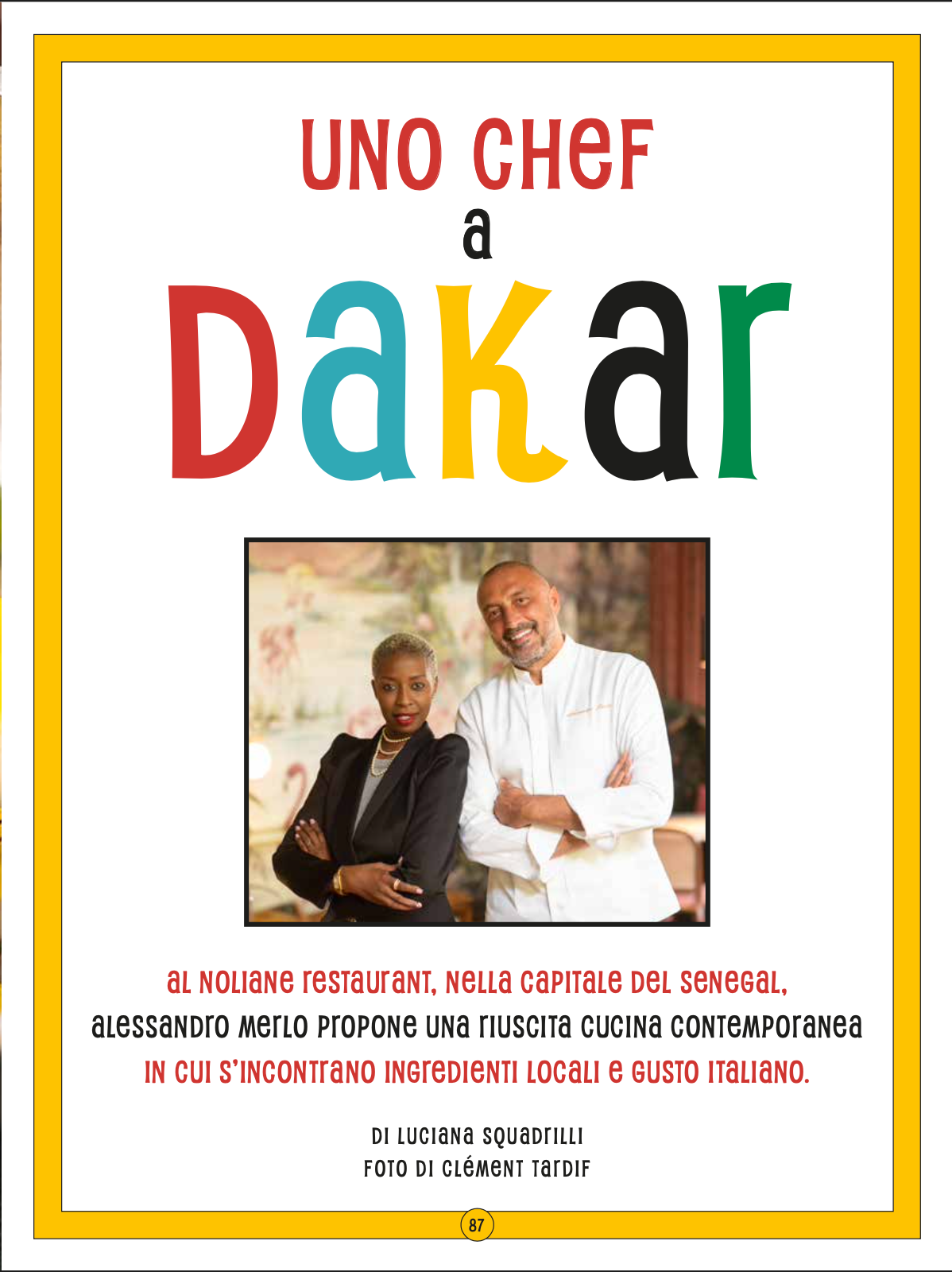 Couverture du livre : « Uno Chef à Dakar ». Un chef et une femme posent dans un restaurant. Texte en plusieurs couleurs.