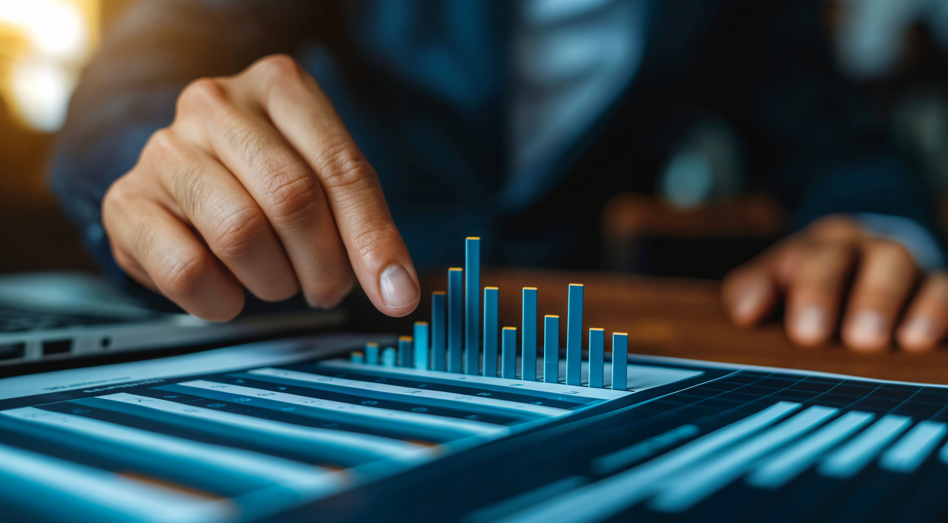 A person is pointing at a graph on a table.