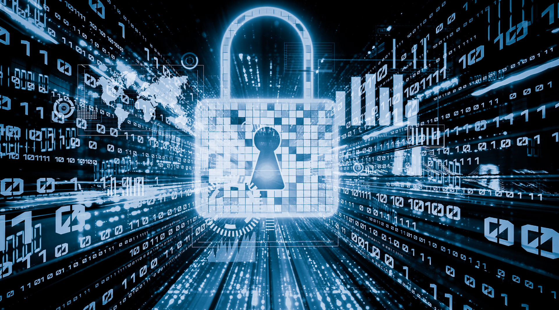 A digital image of a padlock surrounded by numbers.