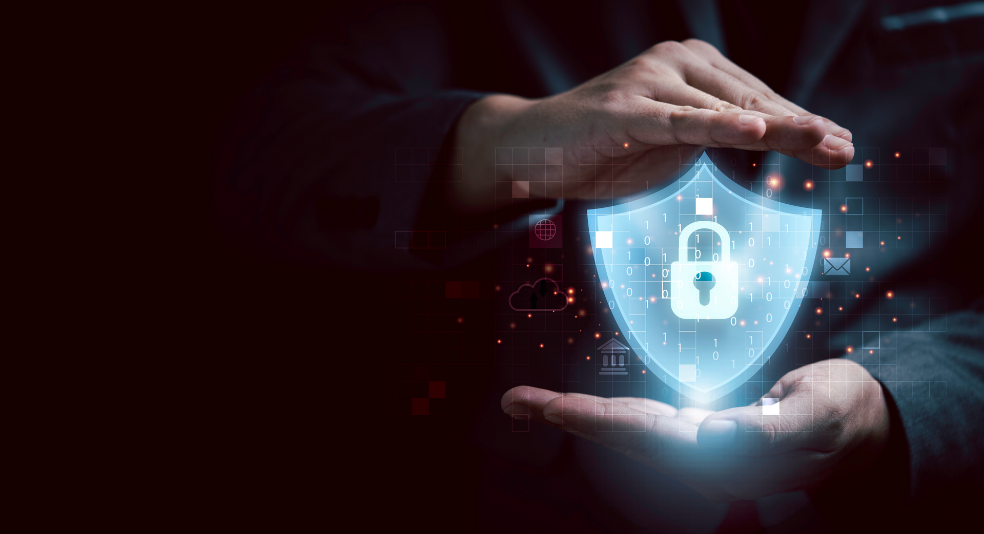 A person is holding a shield with a padlock on it.