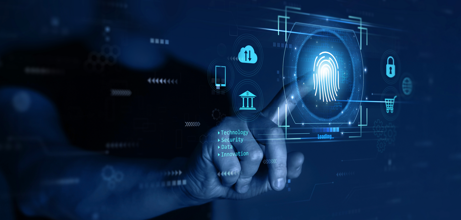 A person is pressing a button on a futuristic screen with a fingerprint on it.