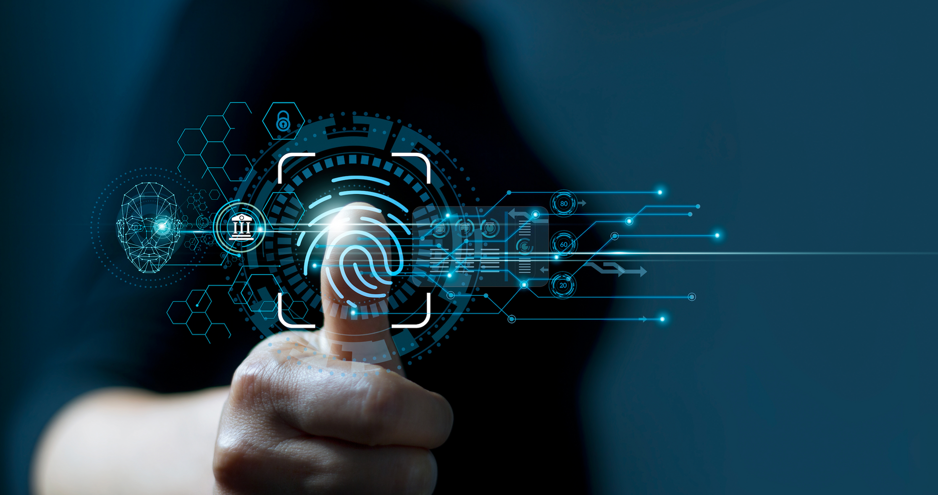 A person is pressing a button on a virtual screen with their finger.