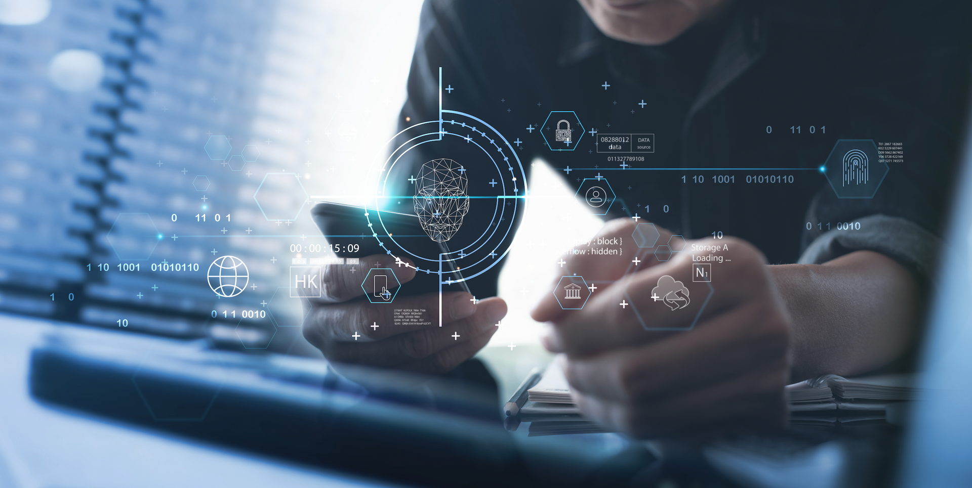 A man is using a smart phone with a futuristic screen behind him.