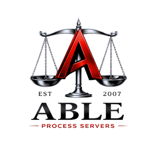 Scales of justice within a red and white geometric, angular design.
