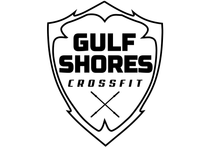 Gulf Shores CrossFit logo: Black and white shield with text and crossed lines.