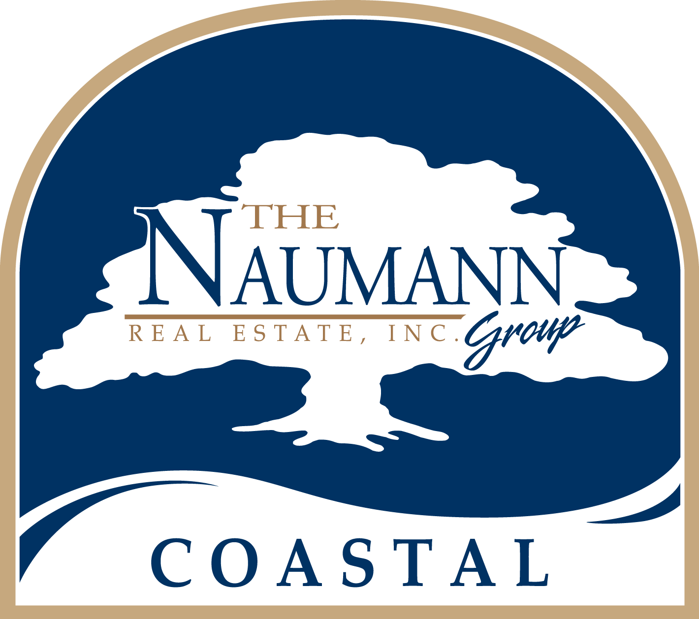 Logo: The Naumann Group Coastal Real Estate, blue and tan, oak tree graphic.