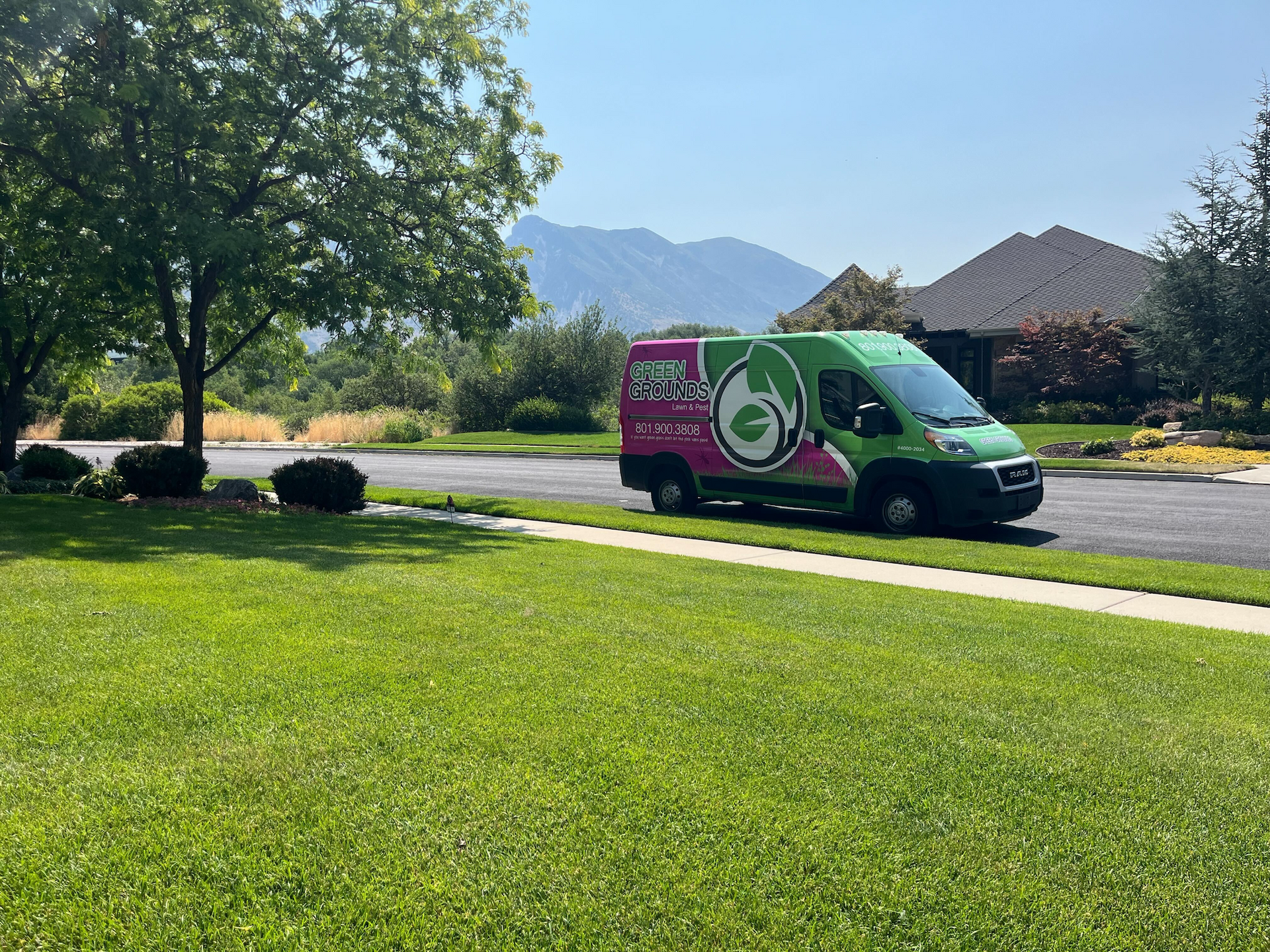 A green and pink van is parked on the side of the road.
