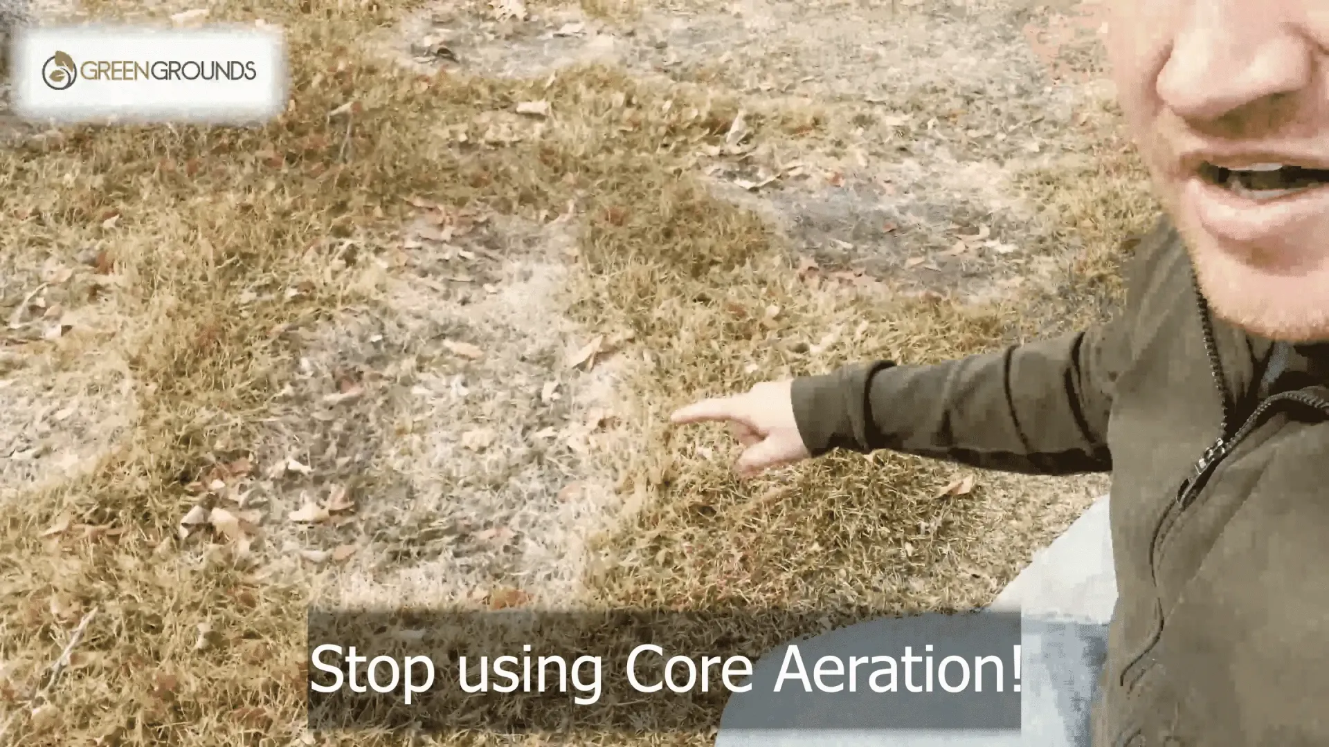 A man is pointing at something in the dirt and says `` stop using core aeration ''.