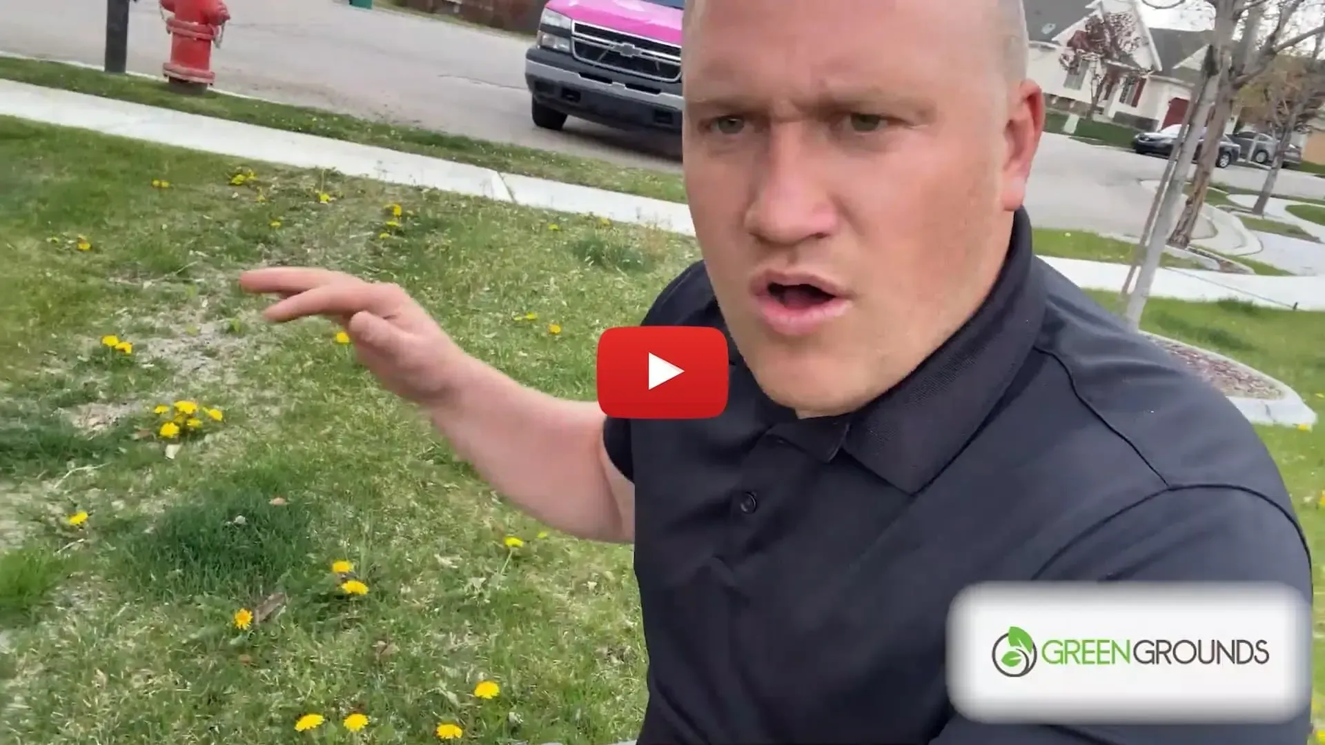 A man is pointing at a fire hydrant in the grass.
