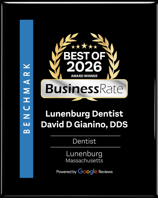 Black award plaque with gold laurel, “Best of 2026” BusinessRate benchmark for Lunenburg Dentist David D Gianino, DDS