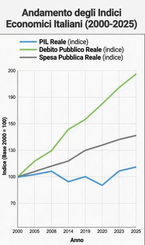 Grafico a linee dell'andamento economico italiano 2000-2025: PIL, debito pubblico e indici di spesa pubblica.