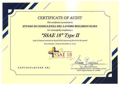 Certificato di audit per SSAE 18 Tipo II, documento color crema e blu navy con firme e timbro.