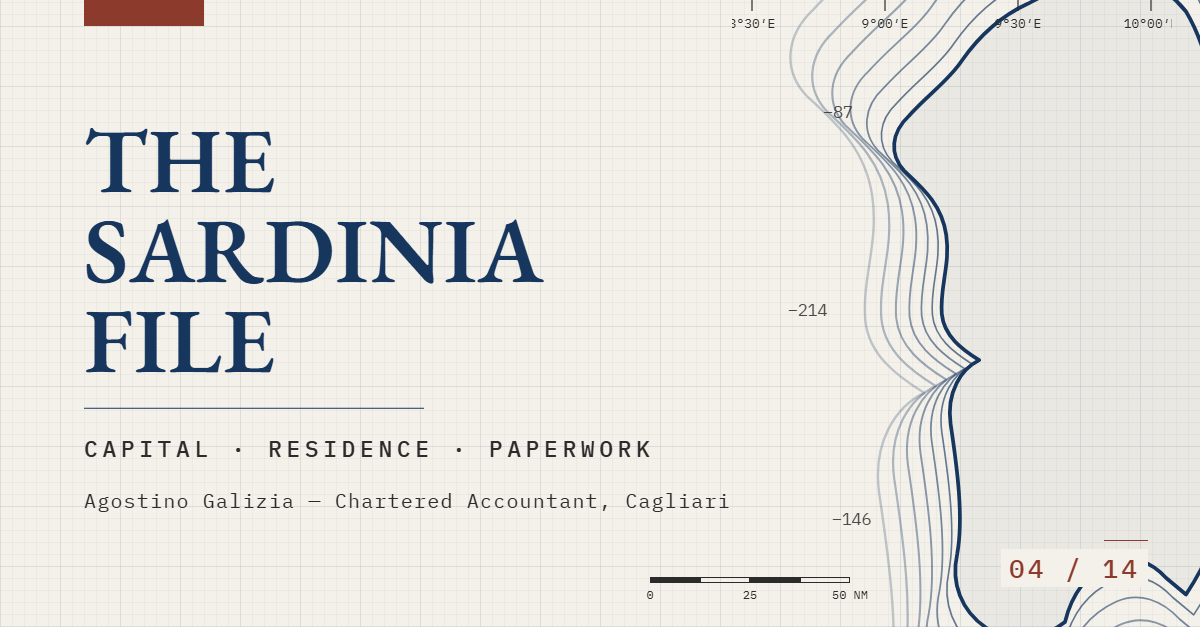 Frontespizio del dossier Sardegna con testo blu navy con grazie e sfondo color crema con contorno di mappa.