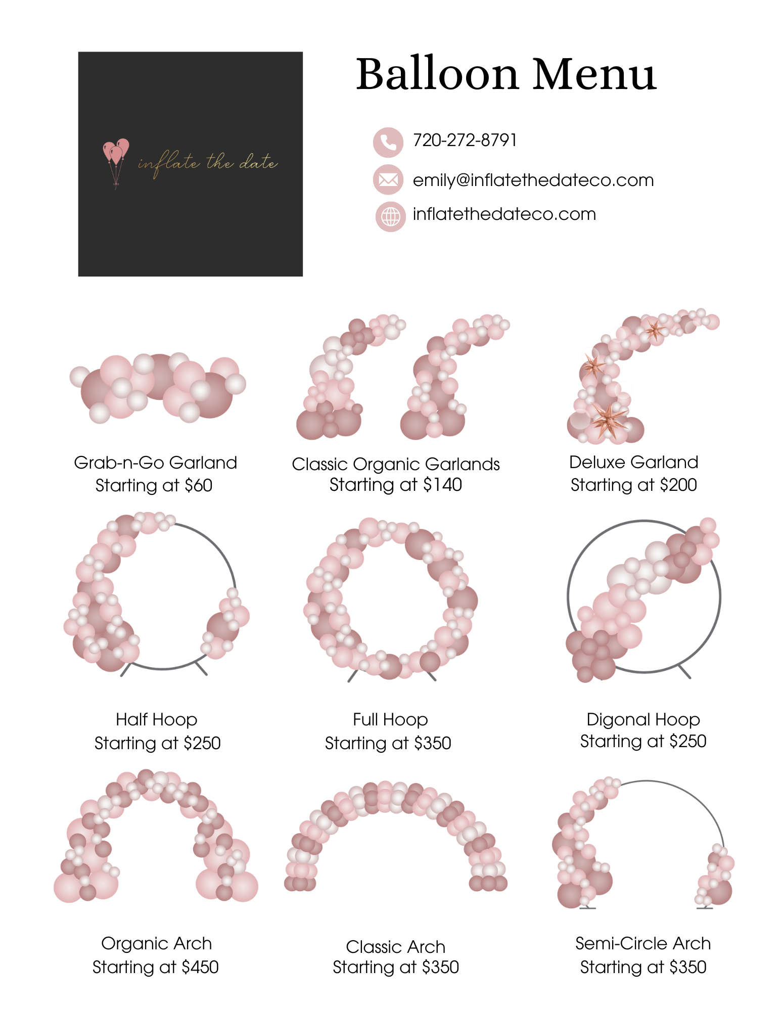 Balloon menu featuring various styles and prices. Pink and white balloons arranged in arches, circles, and garlands.