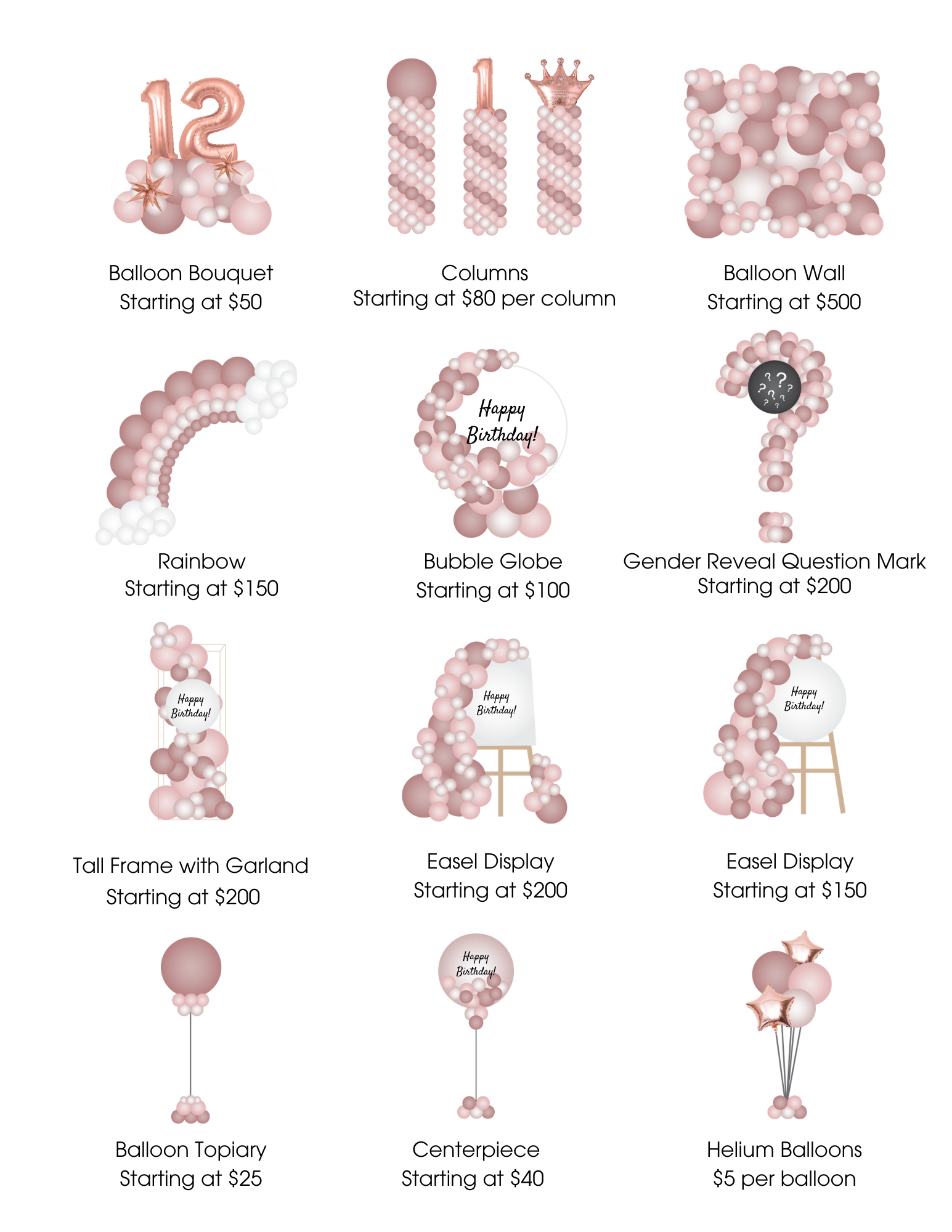 Balloon decoration price list, various arrangements in pink and gold.
