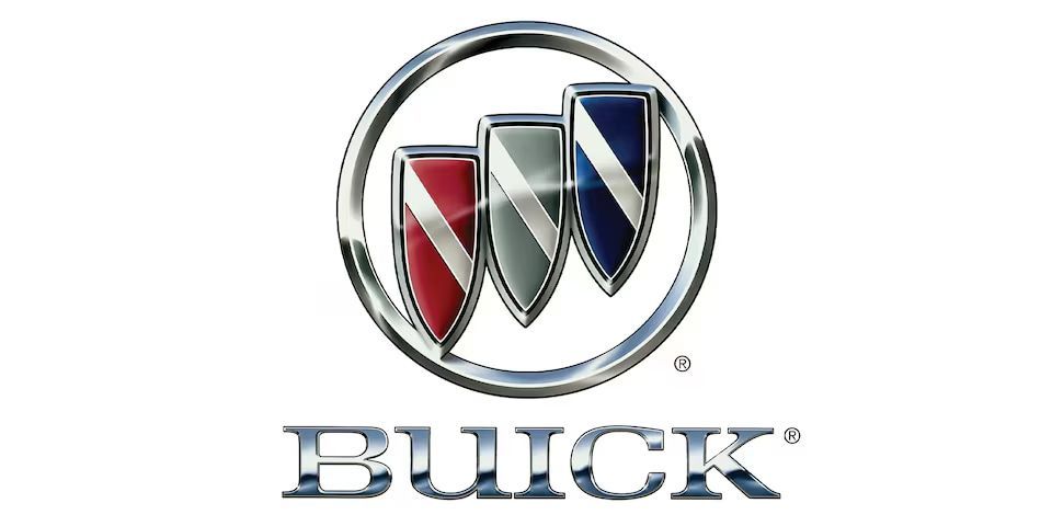 Buick logo with chrome tri-shield emblem in red, silver, and blue above the word BUICK