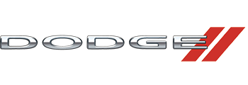 Dodge logo with silver lettering and red slanted stripes on a white background