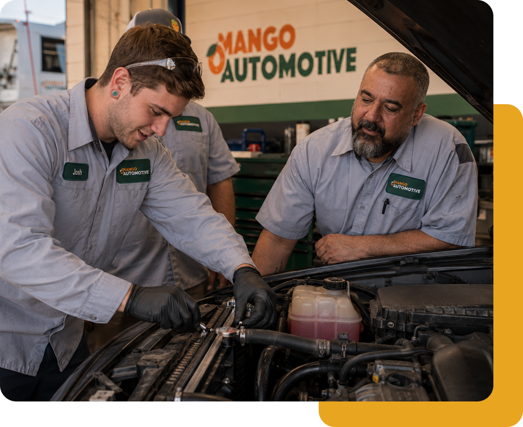 Two Mango Automotive technicians working under the hood of a vehicle in the shop