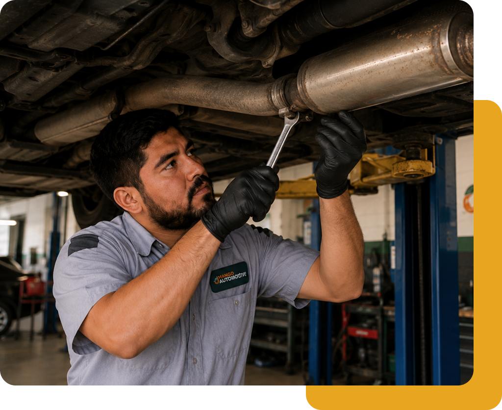 Mechanic tightening bolts under a car on a lift in a garage