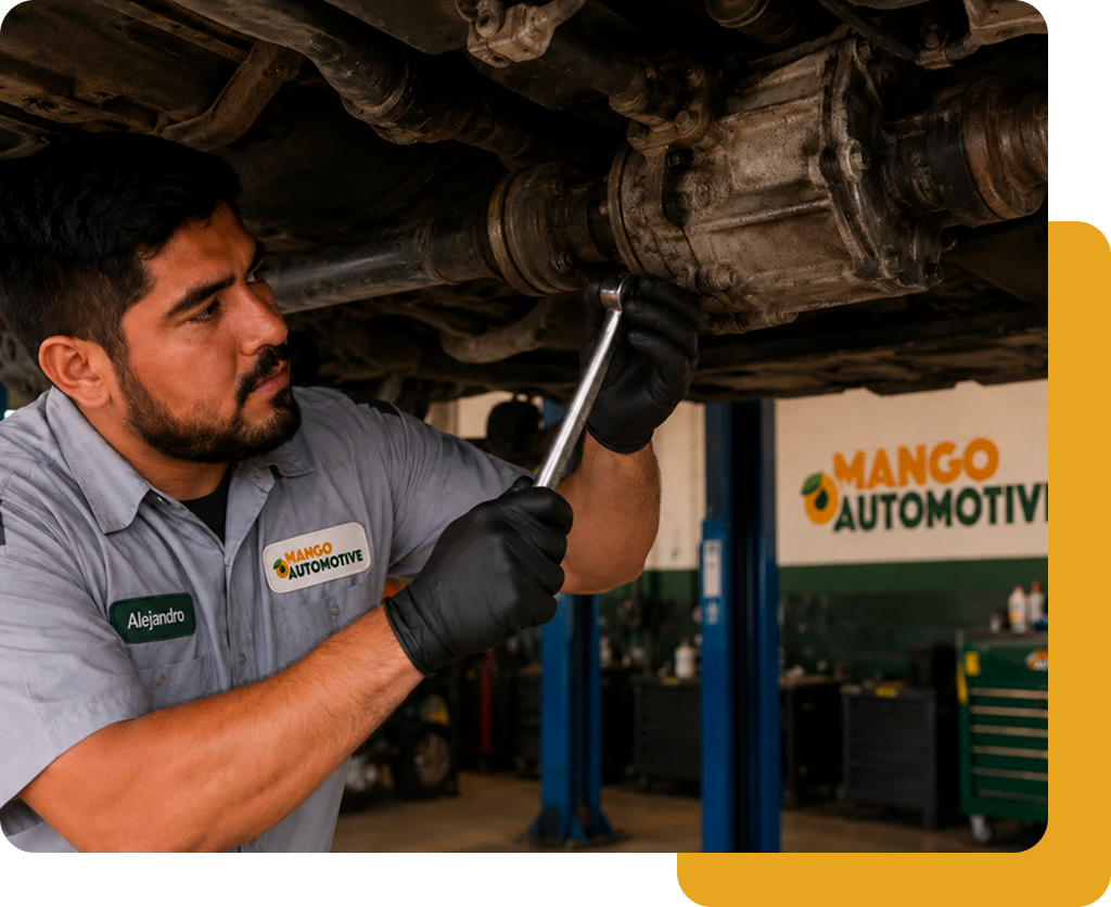 Mechanic using a tool under a vehicle in a Mango Automotive garage