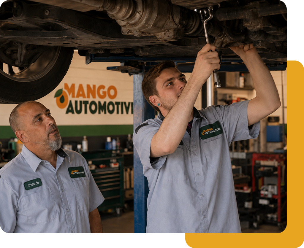 Two mechanics inspecting a vehicle underside in an auto shop, one reaching up with a tool.