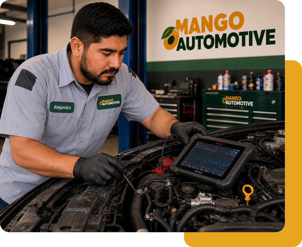 Mechanic inspecting car engine with diagnostic tablet at Mango Automotive shop