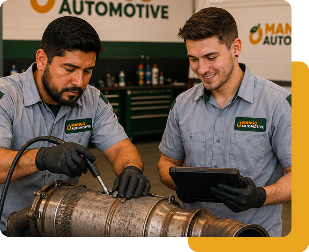 Two mechanics in gray uniforms inspect a large exhaust part in an automotive workshop.