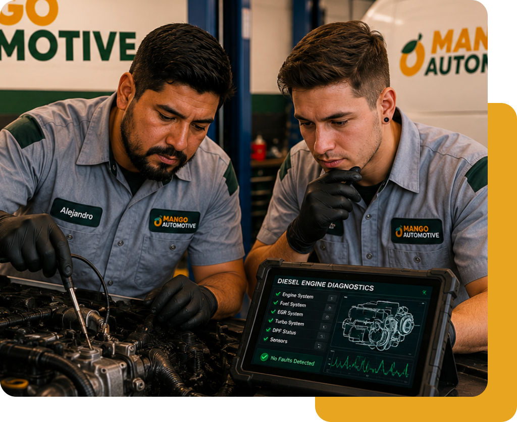 Two mechanics in gray uniforms inspect a car engine beside a tablet display in an auto shop.